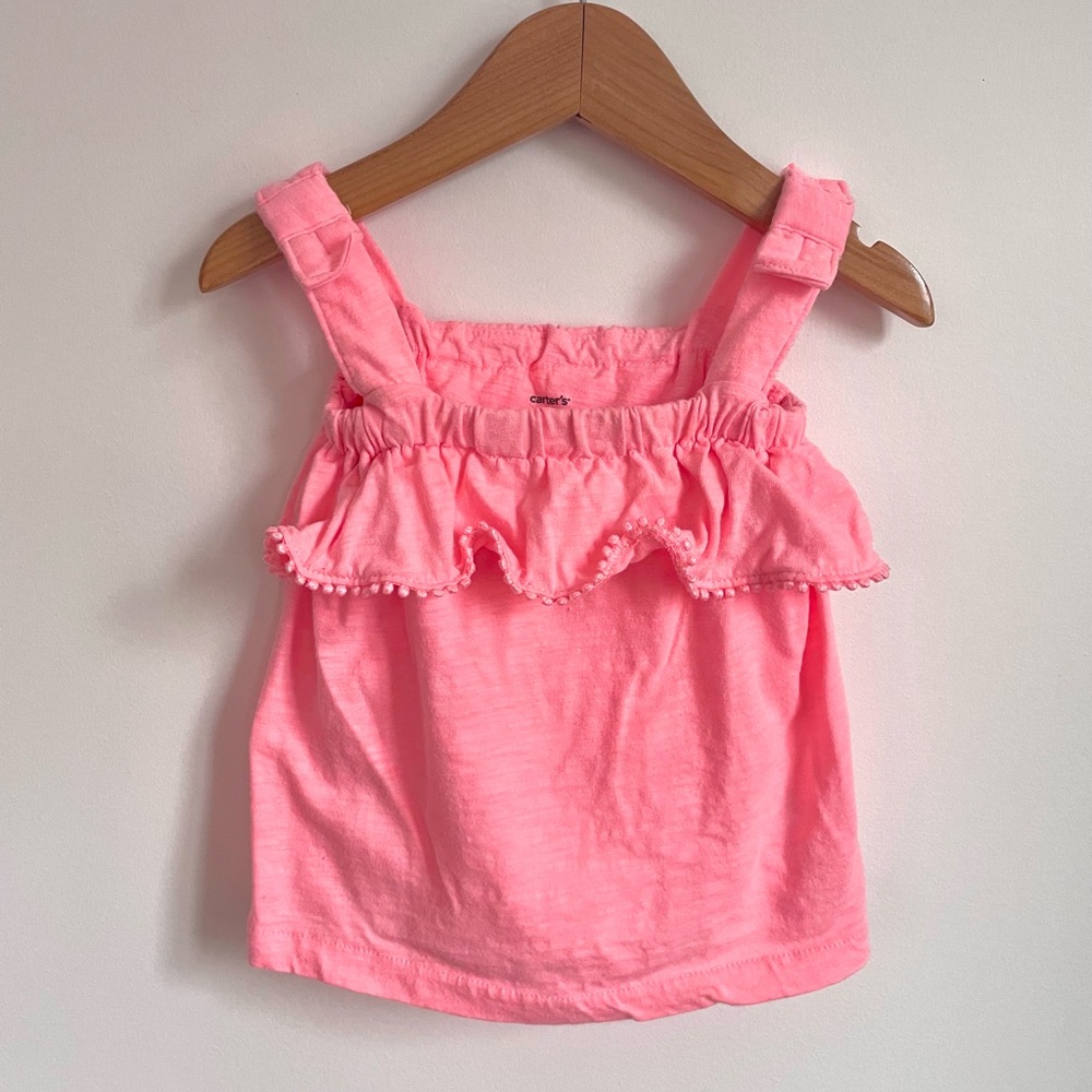 7/$20💥Pom Pom Ruffle Flared Sleeveless Tank Top, Bright Apricot Pink, Carter's